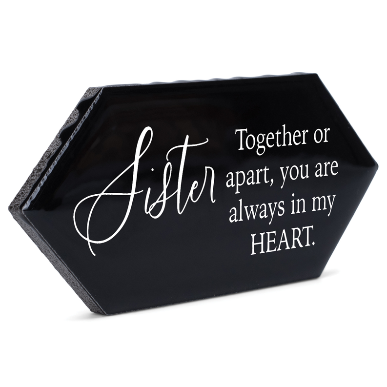 Black hexagon tabletop tile tray with “Together or apart… always in my HEART”