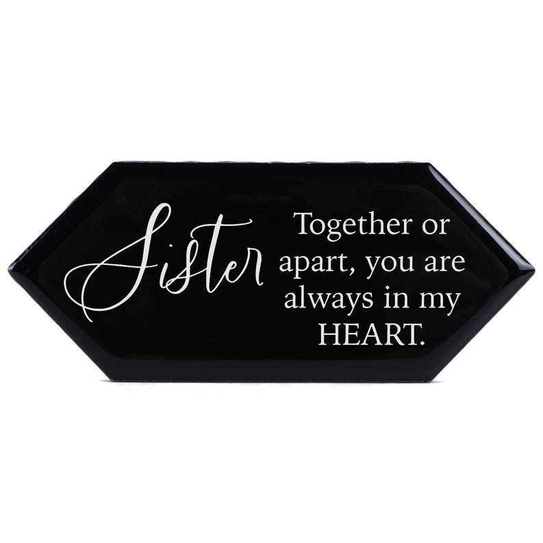 Black hexagon tabletop tile tray with centered “Together or apart… HEART” quote