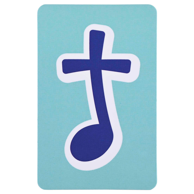 Blue pocket card with dark cross and musical note icon