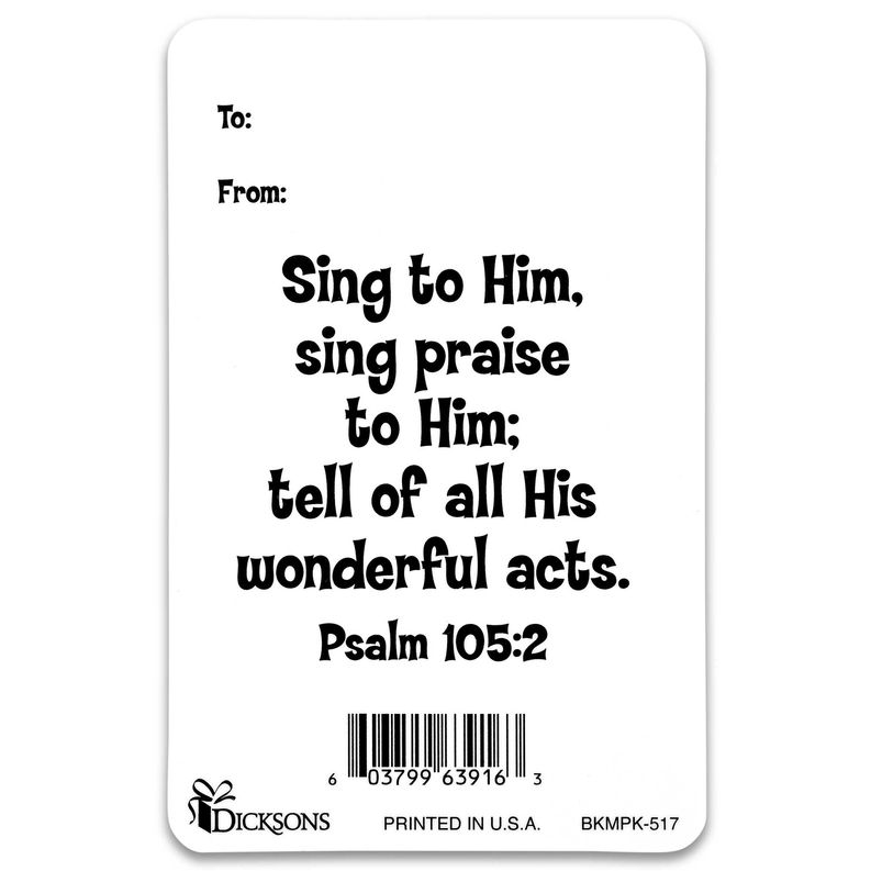 White pocket card with 'Sing to Him' verse and Psalm 105:2, barcode