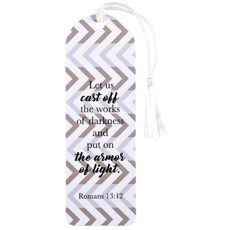Zigzag patterned tassel bookmark with quote text and white cord tassel