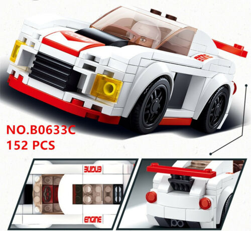 White race car building brick kit with red stripe and yellow headlight, front 3/4 view