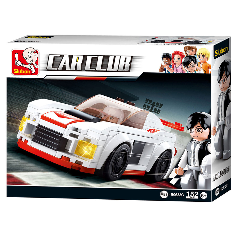 Car Club race car building brick kit box showing white and red model