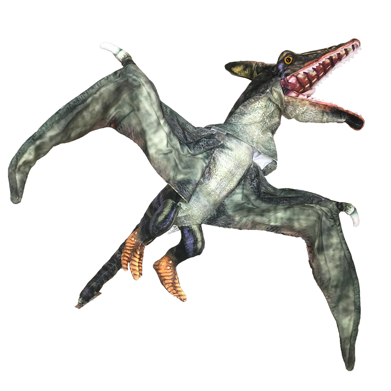 Pterosaur dinosaur plush hand puppet with extended wings and open red, toothy mouth