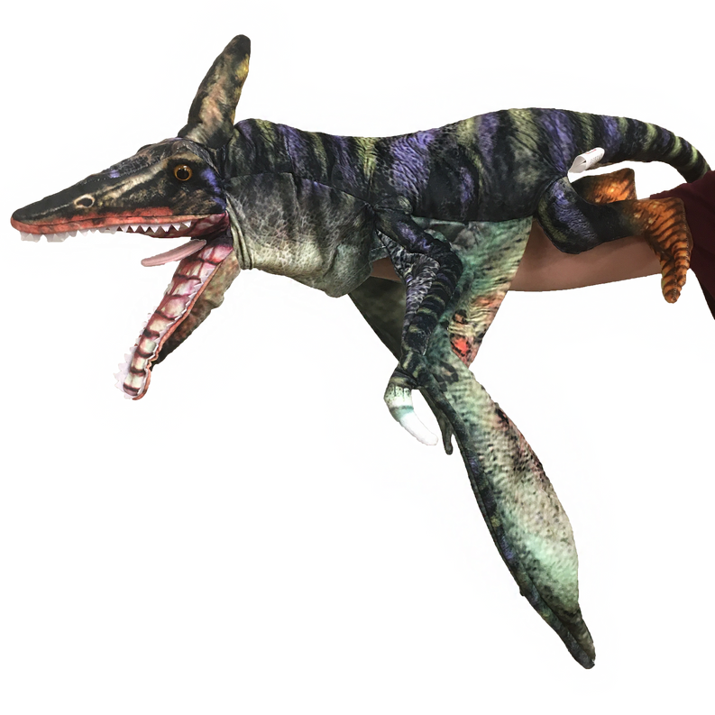 Pterosaur dinosaur plush hand puppet in side view with open red mouth and purple-black wings