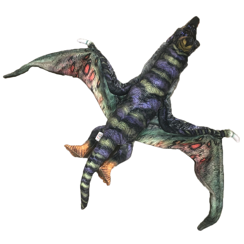 Pterosaur dinosaur plush hand puppet with spread wings and orange clawed feet, dark green body