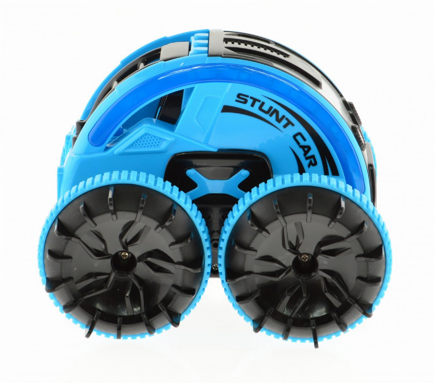 Blue stunt car with oversized knobby wheels and black hub, frontal close-up