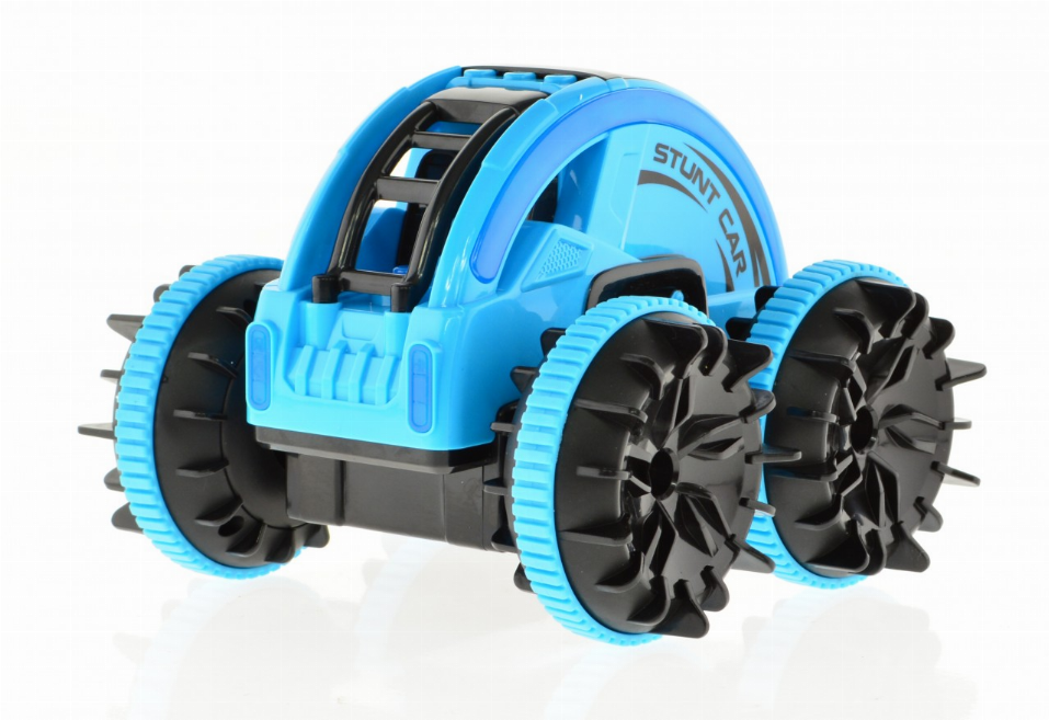 Blue stunt car angled view, black wheel motors and knobby tires