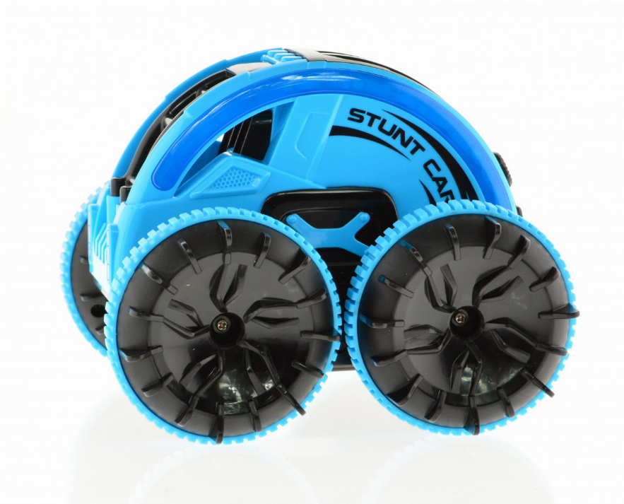 Blue stunt car front view, twin knobby black wheels with blue rim