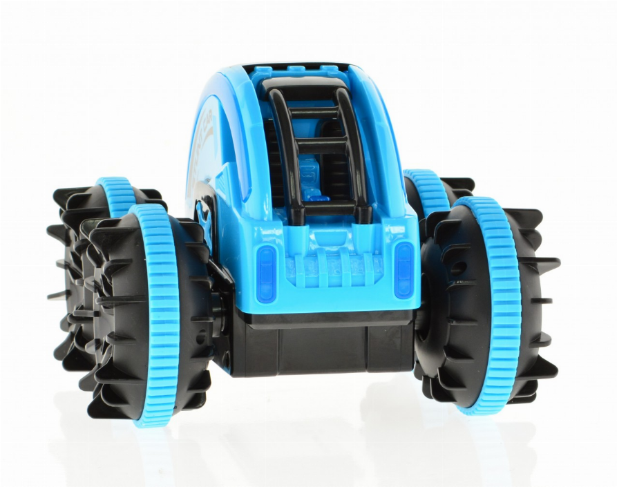 Blue stunt car from side, exposed black chassis, four large tread wheels
