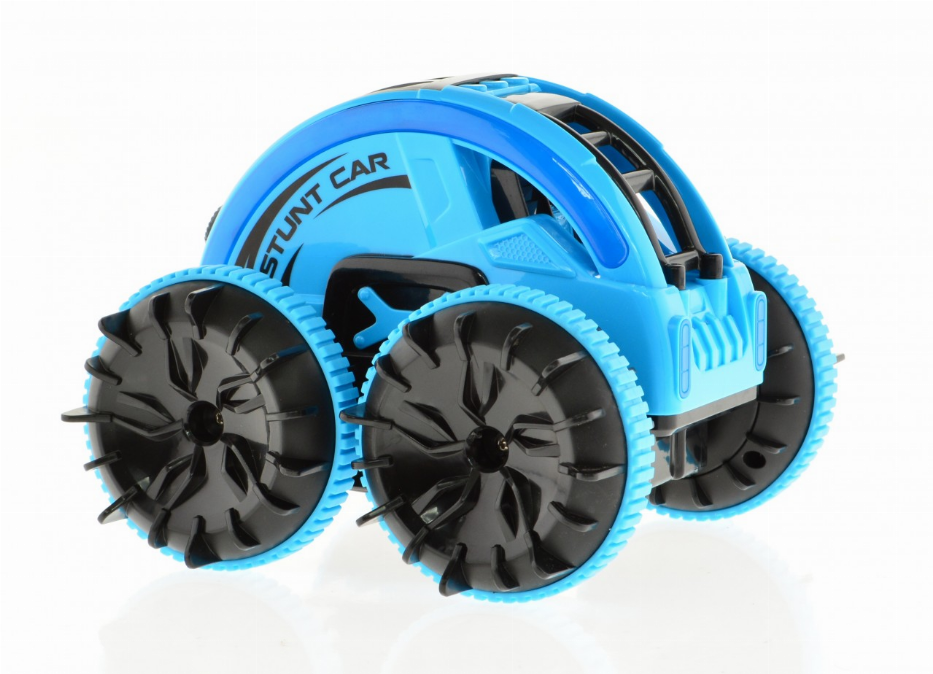 Blue stunt car rear/side view, four large tread tires and black hub