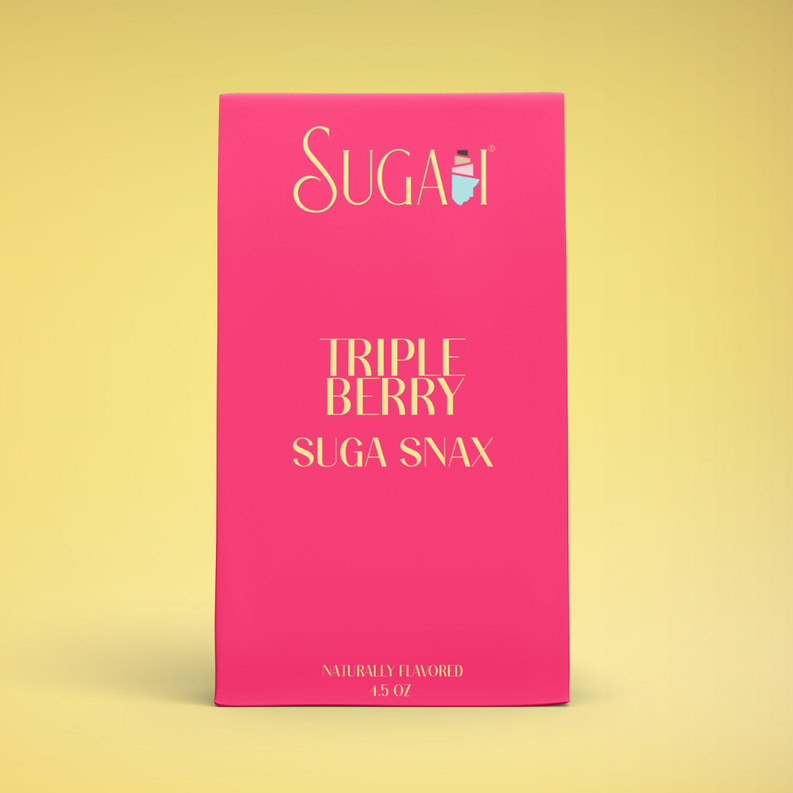 Pink snack box with gold 'TRIPLE BERRY SUGA SNAX' lettering