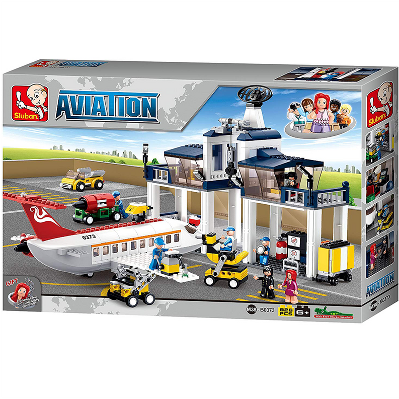 Aviation aircraft maintenance brick building set box with hangar, jet model, and minifigures