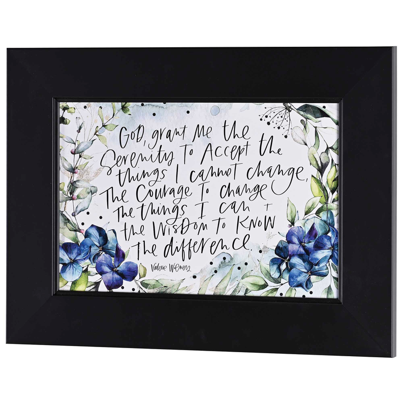 Framed wall art with Serenity Prayer script, blue flowers and green leaves