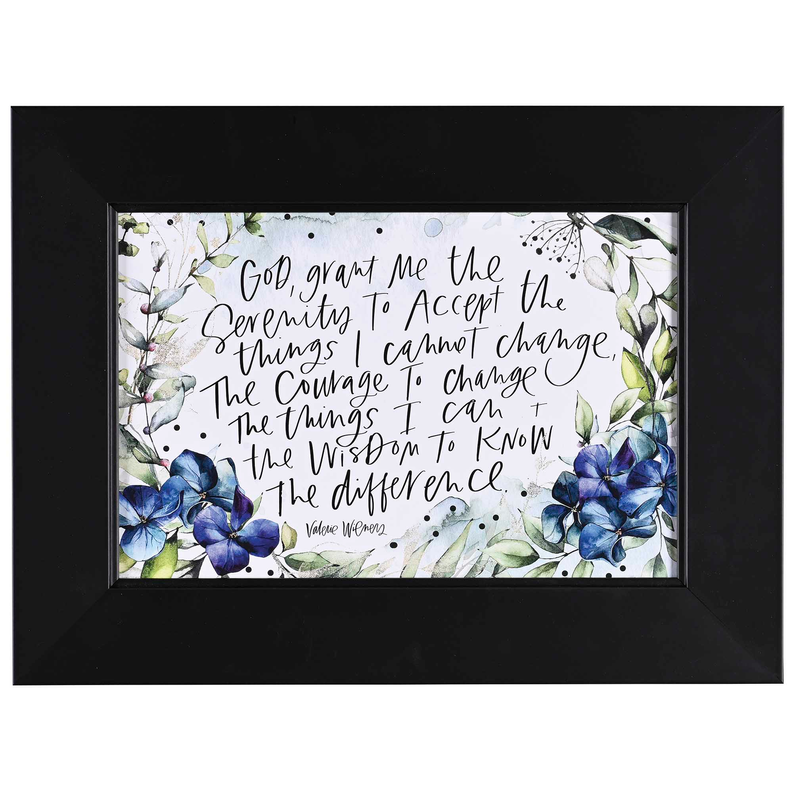 Framed wall art with Serenity Prayer handwritten text, blue blossoms and leaves