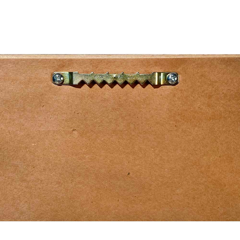 Brown backing board with silver metal zigzag wall-hanging bracket
