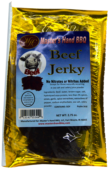 Beef jerky pouch, gold foil bag with Masters Hand BBQ Beef Jerky label