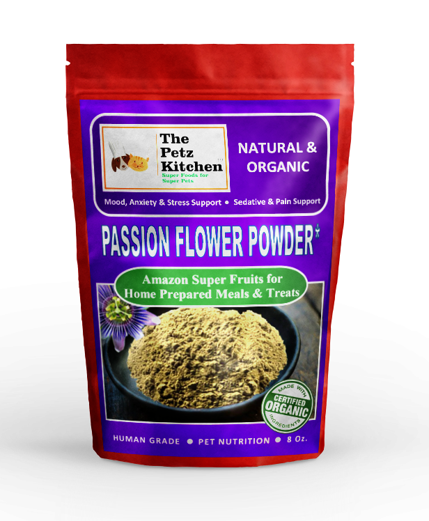 Passion flower powder pouch, red bag with Petz Kitchen label for pet nutrition