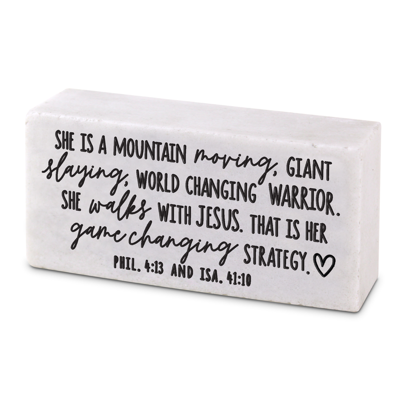 White scripture block with black quote lettering 'She is a mountain'