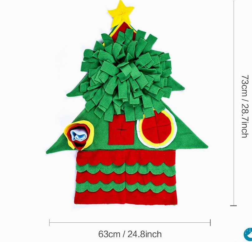 Christmas pet snuffle mat shaped like a green house with red scarf and star top