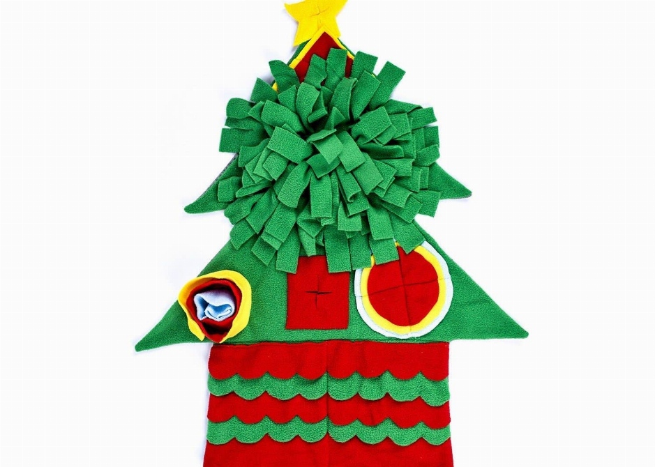 Felt Christmas pet snuffle mat in house shape with green roof and red wavy skirt