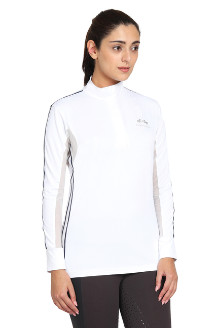 Ladies white long-sleeve show shirt with stand collar and zip placket