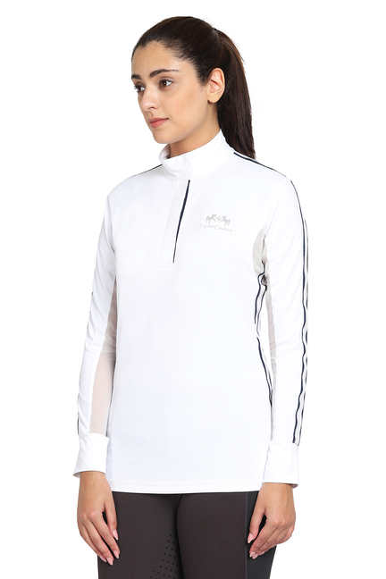 Ladies white long-sleeve show shirt with stand collar and front zip placket