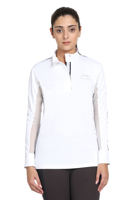 Ladies white long-sleeve show shirt with polo-style collar and front logo