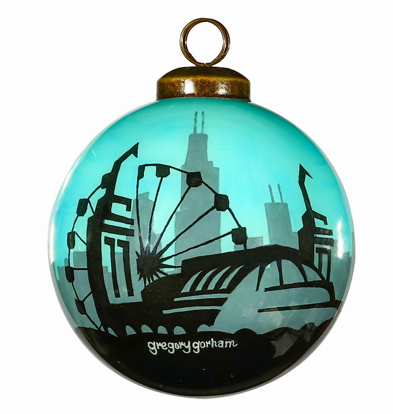 Hand-painted glass ornament with teal Ferris-wheel skyline, gold cap and loop hanger