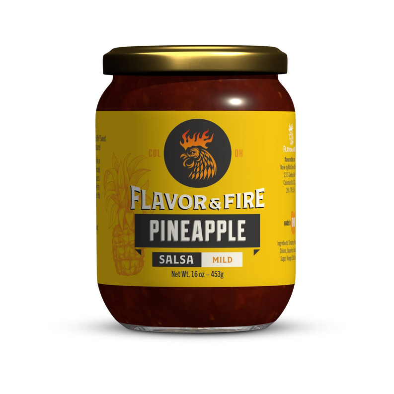 Pineapple salsa jar with black lid and yellow label marked Mild