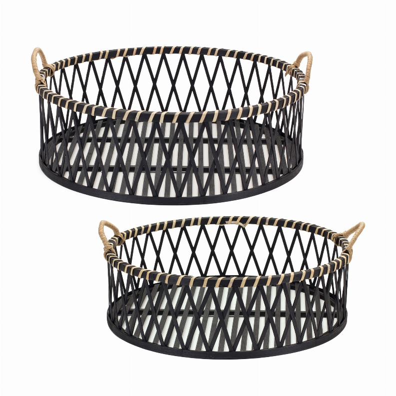Set of 2 round bamboo-rattan trays with woven diamond pattern, black finish, curved handles
