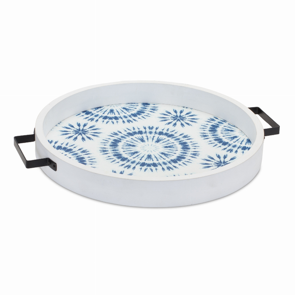 Oval wood serving tray with blue tie-dye pattern and black side handles