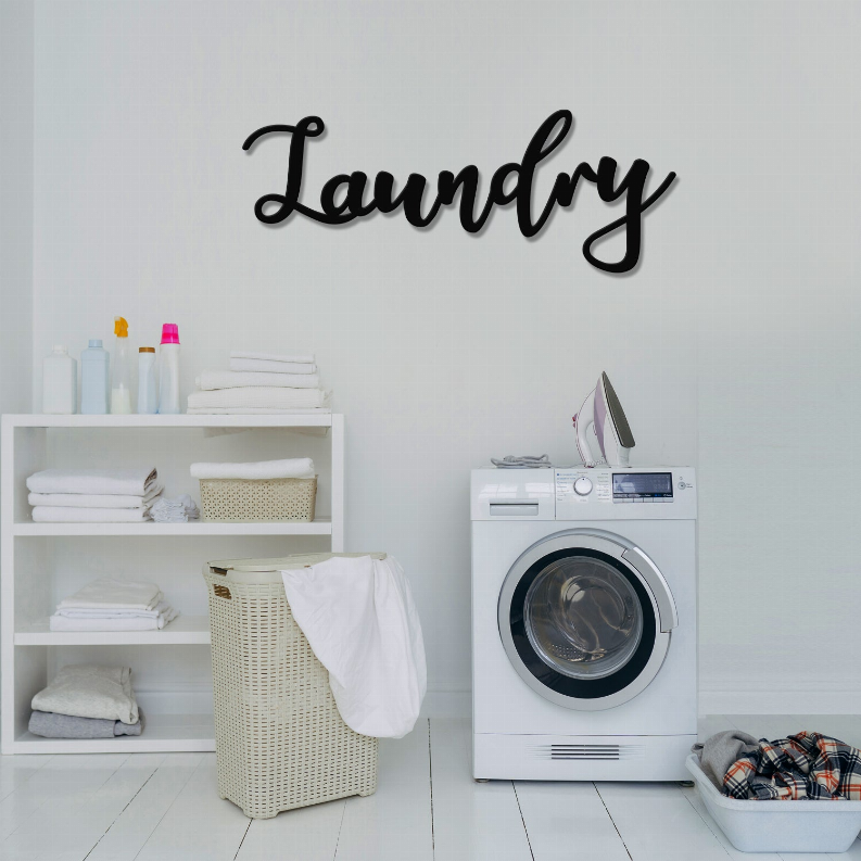 Laundry metal wall art with cursive black 'Laundry' word lettering