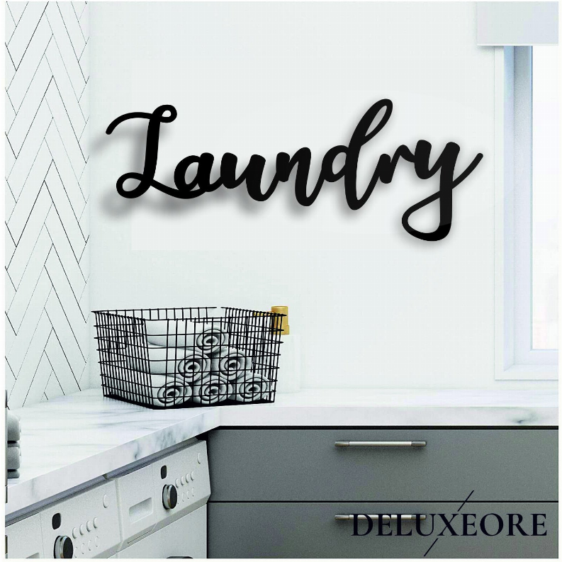 Laundry metal wall art with cursive black 'Laundry' lettering, wall-mounted