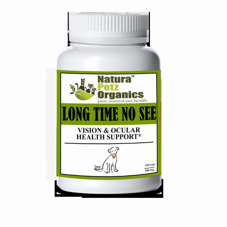Pet vision supplement bottle: white cap, green label with dog and cat icon.