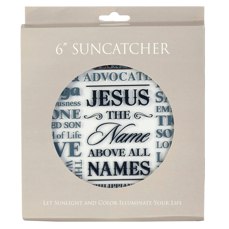 Packaged 6 in Jesus names sun catcher, round insert with blue scripture and chain
