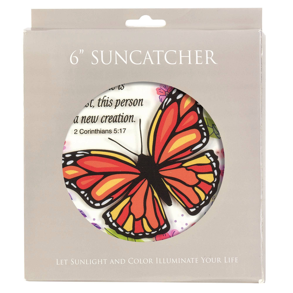 Butterfly suncatcher with hanging chain, colorful round stained-glass window decoration