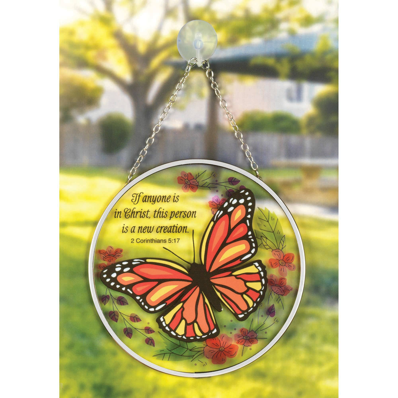 Round butterfly suncatcher with metal chain, vivid stained-glass design and flowers