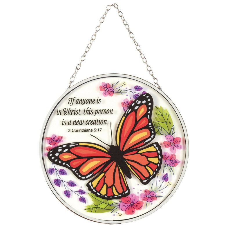 Round butterfly window suncatcher with metal hanging chain and floral accents