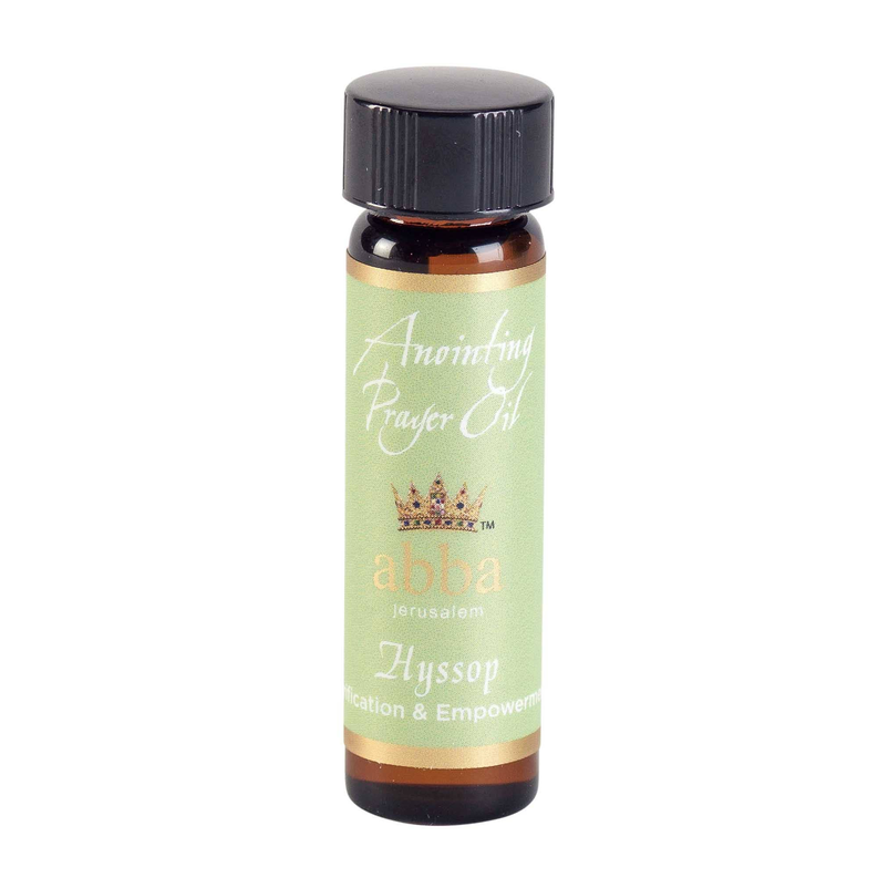 Hyssop anointing oil bottle with black cap and amber glass, green label reading "Anointing Prayer Oil"