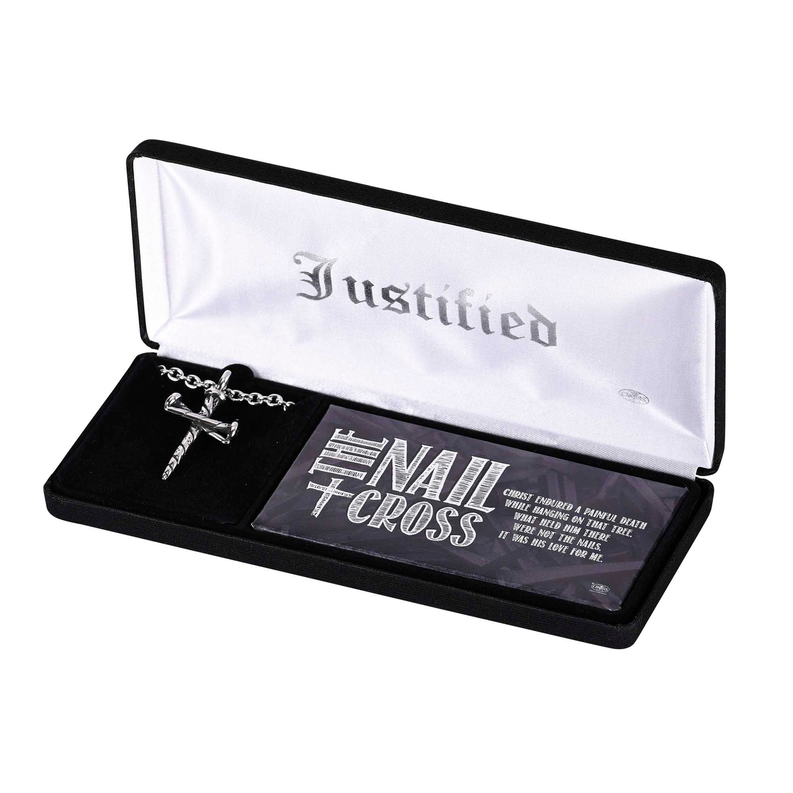 Stainless steel nail cross pendant in black presentation box, includes chain
