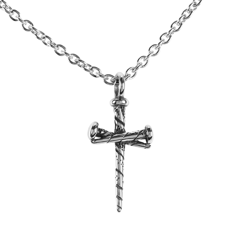 Stainless steel nail cross charm pendant on silver chain