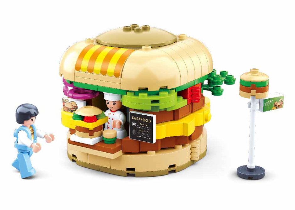 Dome burger house brick building kit with minifigures, 264 pcs