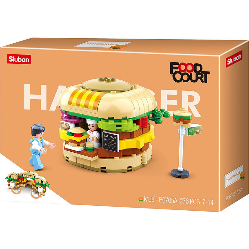 Food court burger house building kit in retail box, dome storefront, 264 pcs