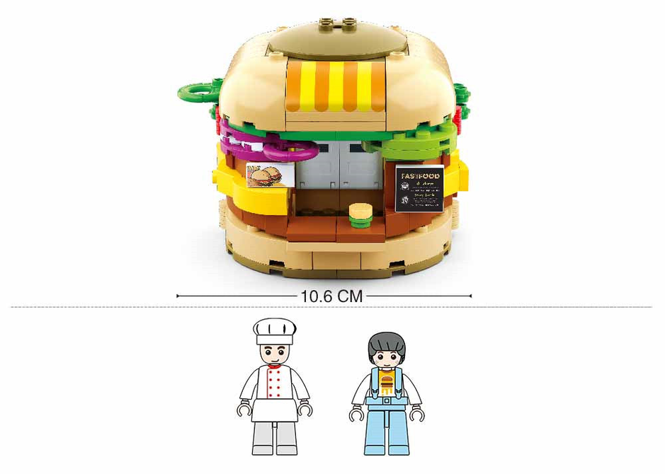 Front view dome burger house brick model with size line and two minifigure guides