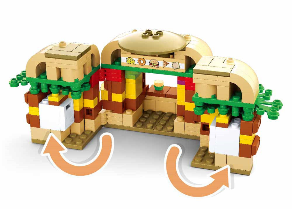 Open dome burger house brick building with interior seating and serving counter