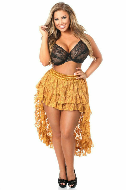 Bronze lace high-low skirt with gathered tiers and uneven fringe hem