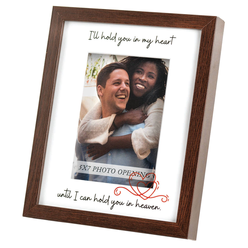 Walnut wood glass photo frame angled view with couple photo and handwritten quote, 5x7