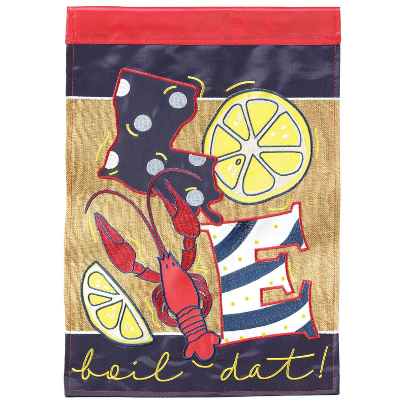 Burlap garden flag with red top, cartoon seafood holding lobster, lemon graphics, 'boil dat!' text