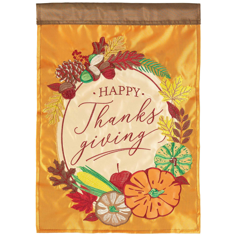 Happy Thanksgiving garden flag with “Happy Thanksgiving giving” text and floral autumn wreath